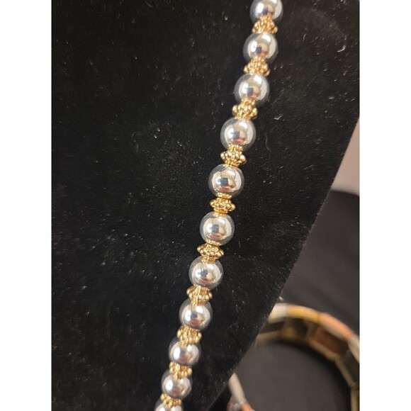 20"-25" Gold & Silver Bead Necklace, Gold, Copper, Silver Bracelet & Earrings - Picture 3 of 8